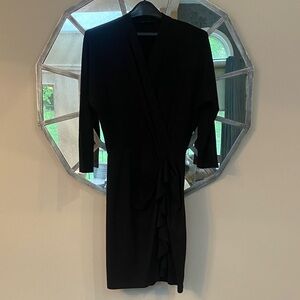 DKNY Black Long-Sleeve Wrap Dress with Front Ruffle